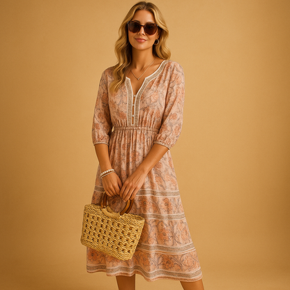 Women’s bohemian summer dress with airy relaxed fit and refined patterns, perfect for festivals, beach days, and casual summer outings.