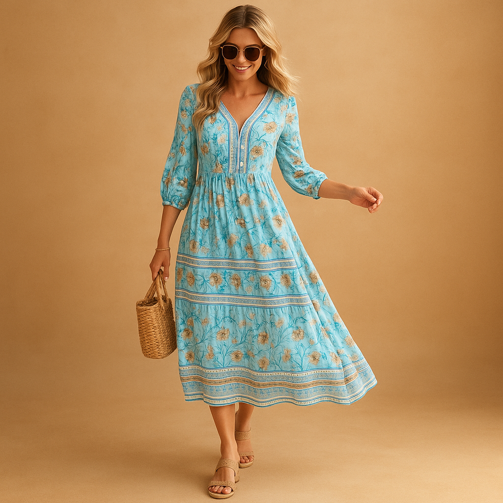Women’s bohemian summer dress with airy relaxed fit and refined patterns, perfect for festivals, beach days, and casual summer outings.