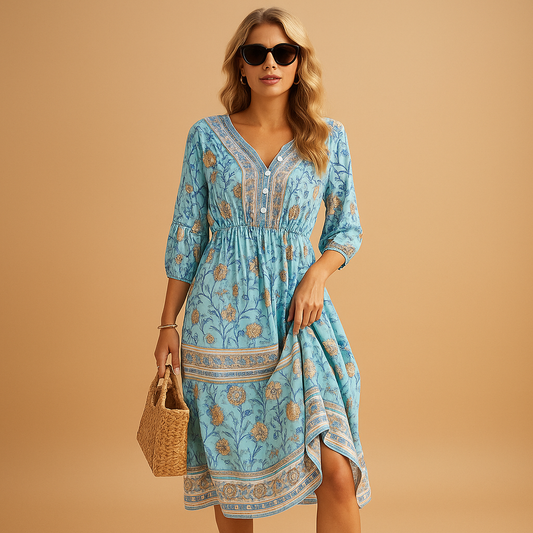Bohemian summer dress for women with an airy loose fit and refined patterns, perfect for festivals, beach days, and casual summer outings.