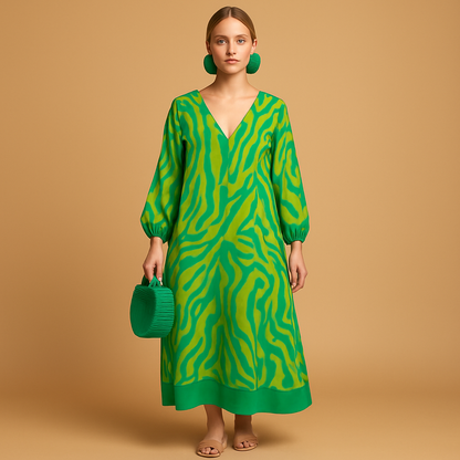 Boho maxi dress with long sleeves for women made from lightweight breathable fabric, perfect for summer festivals, beach outings, and casual days.