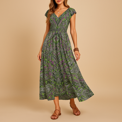 Women’s boho maxi summer dress with high waist and flowing fit, ideal for beach days, festivals, vacations, and relaxed summer outfits.