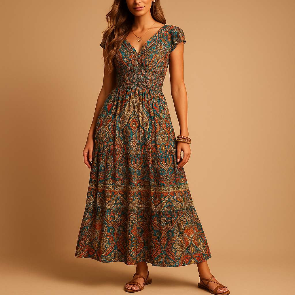 Women’s boho maxi summer dress with high waist and flowing fit, ideal for beach days, festivals, vacations, and relaxed summer outfits.