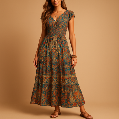 Women’s boho maxi summer dress with high waist and flowing fit, ideal for beach days, festivals, vacations, and relaxed summer outfits.