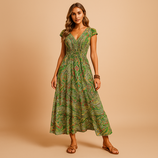 Women’s boho maxi summer dress with high waist and flowing fit, ideal for beach days, festivals, vacations, and relaxed summer outfits.