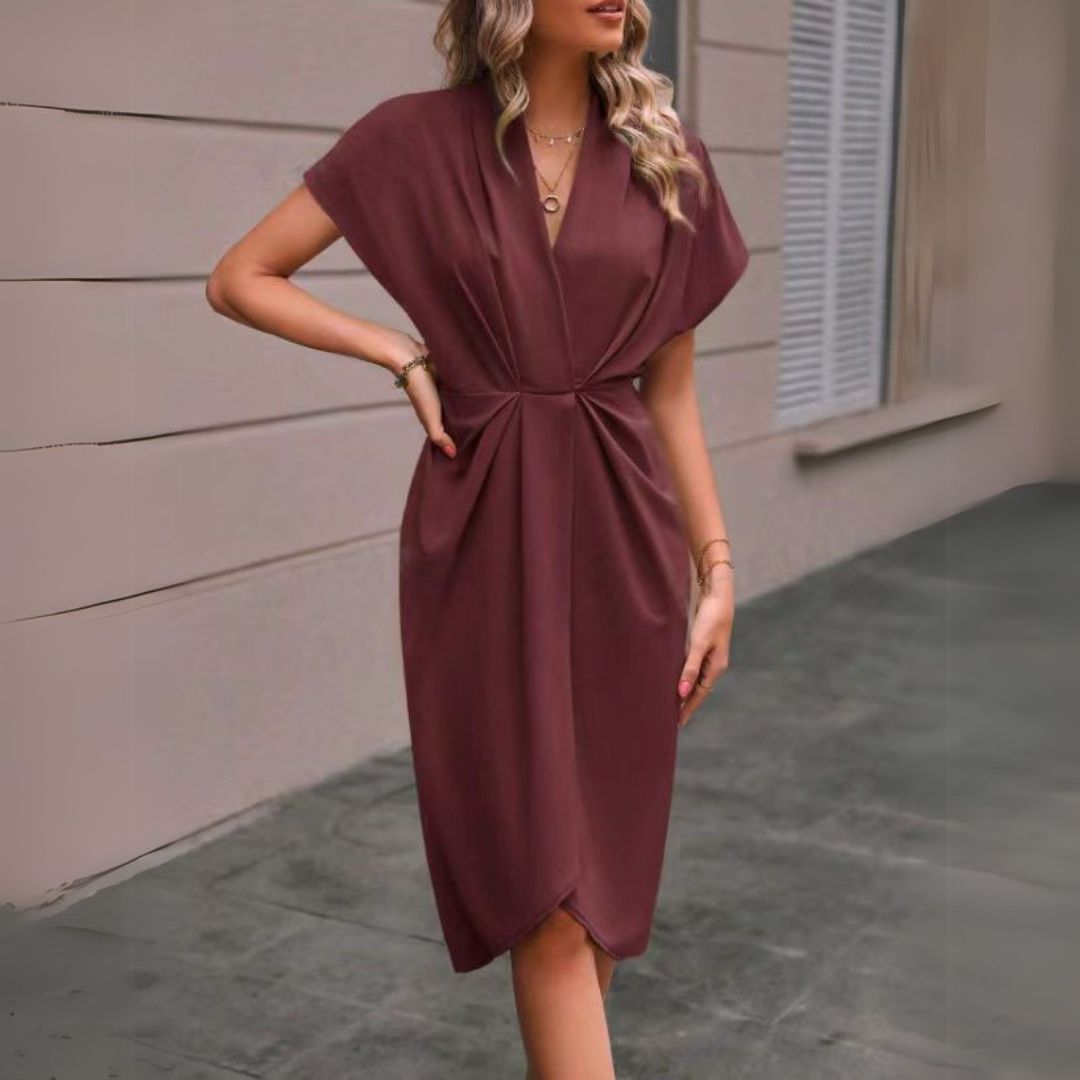 Women's Elegant Midi Dress Draped Design - Vonnera
