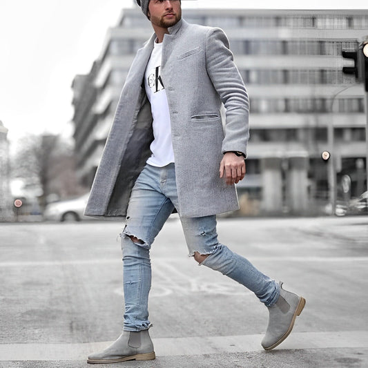 Men's Mid-Length Overcoat Stand Collar Wool Tan - Vonnera