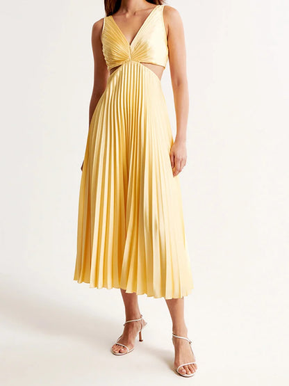 Women's Yellow Maxi Dress Pleated Plunging Neckline