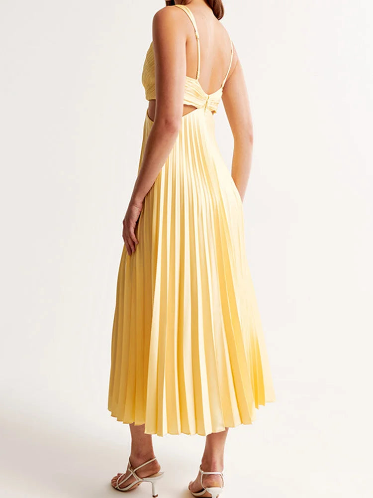 Women's Yellow Maxi Dress Pleated Plunging Neckline