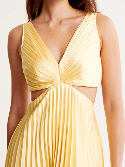 Women's Yellow Maxi Dress Pleated Plunging Neckline