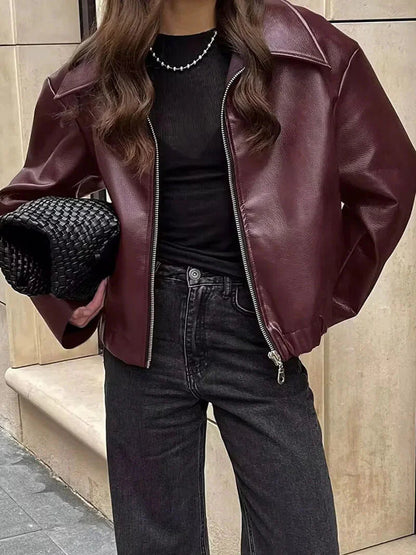 Women's Faux Leather Jacket Burgundy - Vonnera