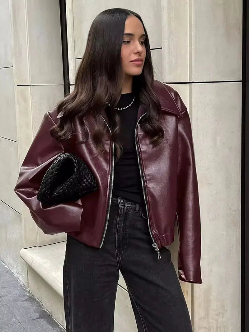 Women's Faux Leather Jacket Burgundy