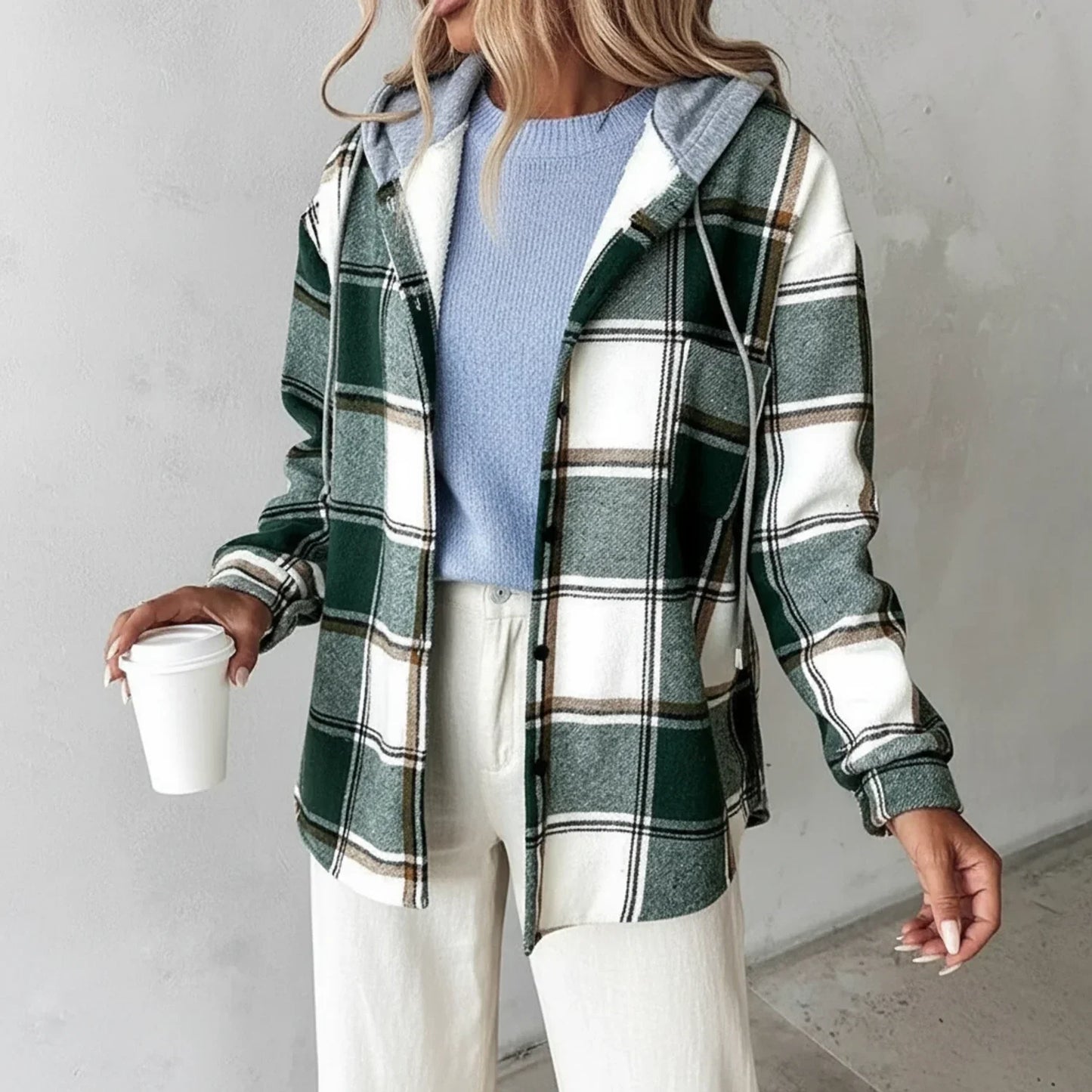 Women's Plaid Button Down Hooded Jacket - Vonnera