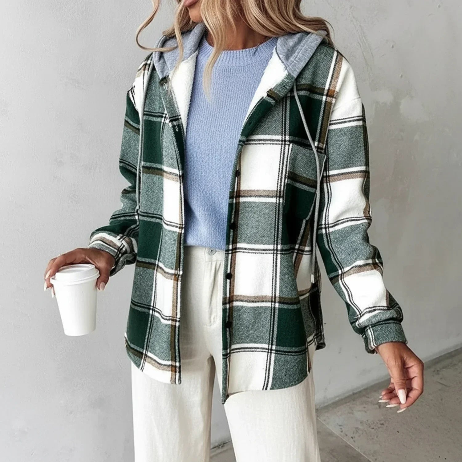 Women's Plaid Button Down Hooded Jacket - Vonnera