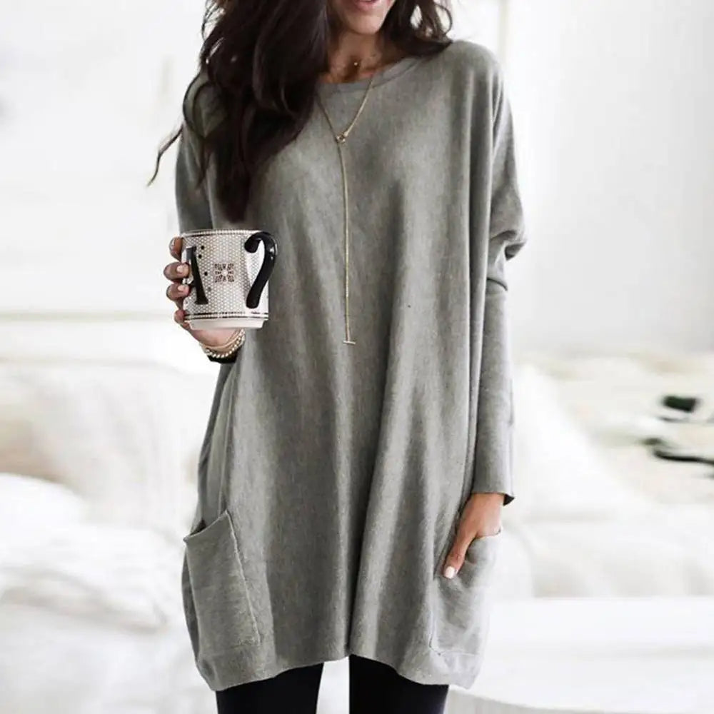 Women's Soft Cotton Blend Crew Neck Sweater Long Sleeve With Pockets - Vonnera
