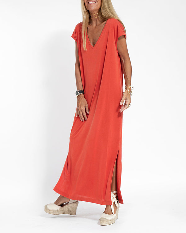 Women's V-Neck Short Sleeve Maxi Dress Coral