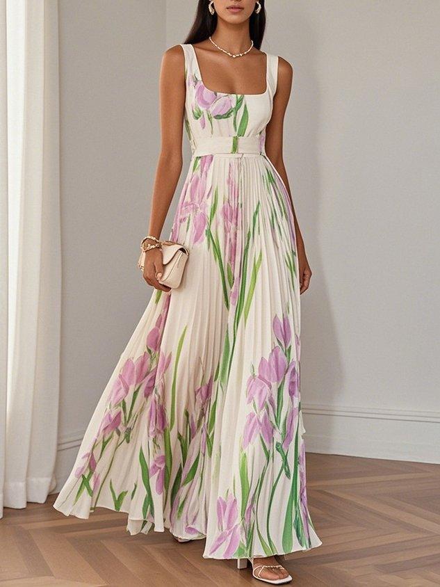 Women's White Floral Maxi Dress Pleated