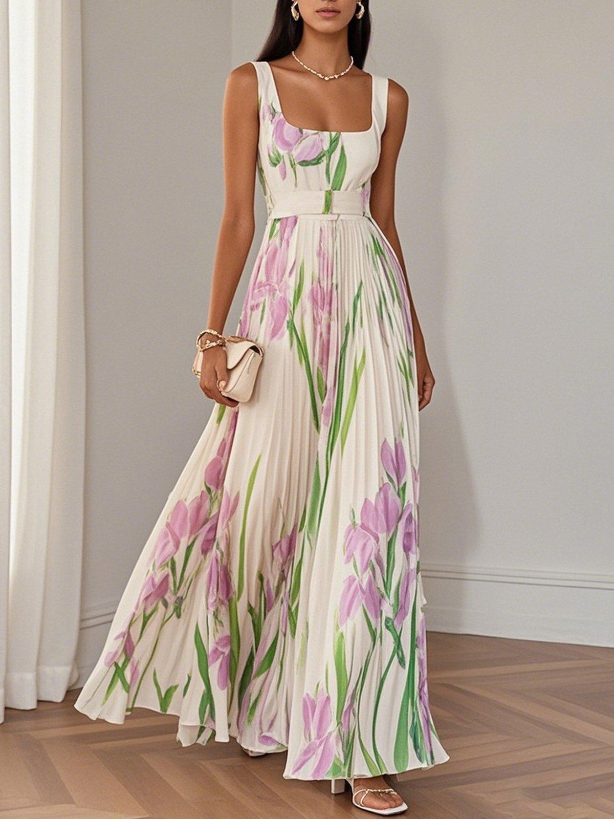 Women's White Floral Maxi Dress Pleated - Vonnera