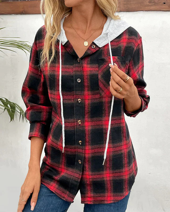 Women's Hooded Checkered Jacket Wool Blend Fall Winter