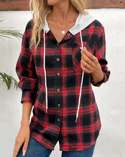 Women's Hooded Checkered Jacket Wool Blend Fall Winter