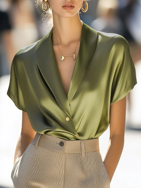 Women's V-Neck Blouse Satin Wrap Front Black