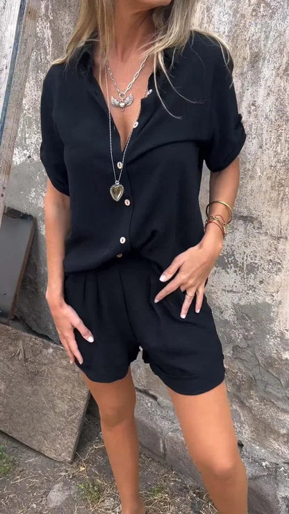 Women's Button Shirt Shorts Set