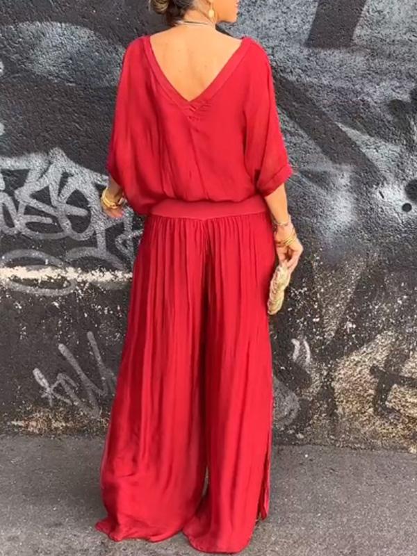 Women's V-Neck Jumpsuit Wide Leg Batwing Sleeve Olive