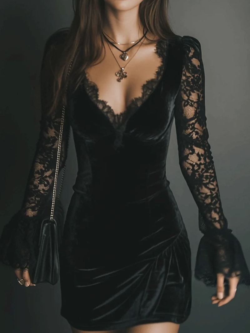 Image of Carol | Women's V-Neck Lace Mini Dress