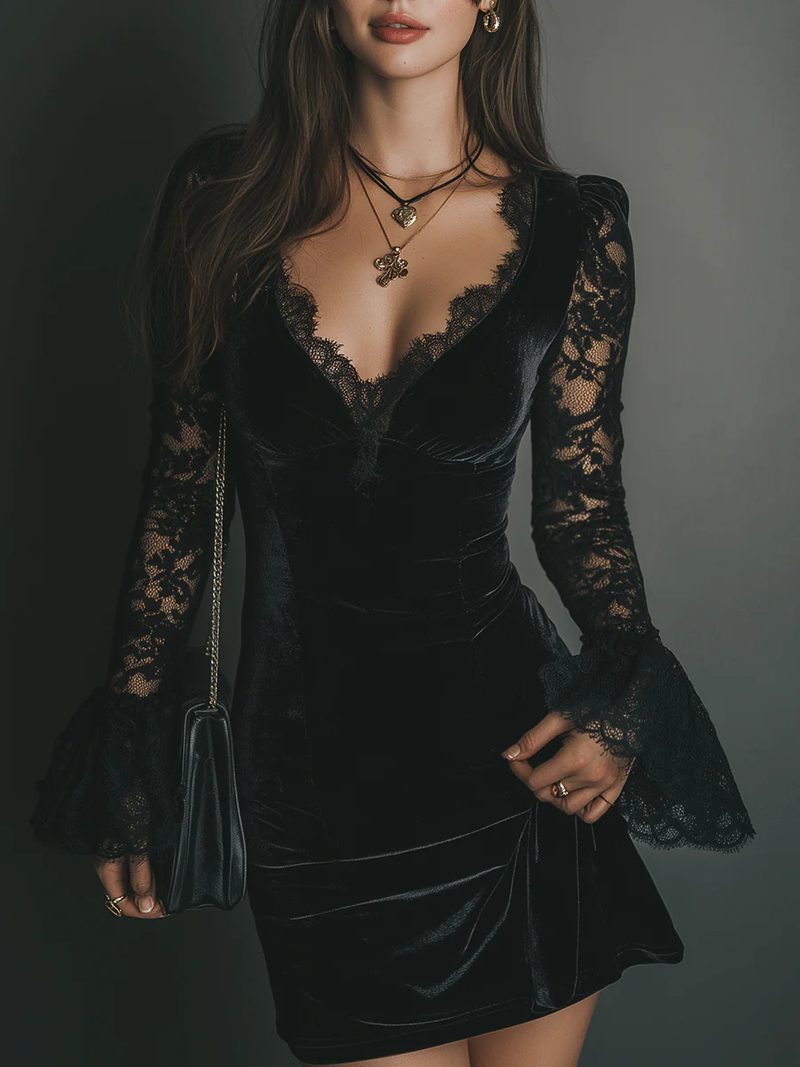 Women's V-Neck Lace Mini Dress - Vonnera