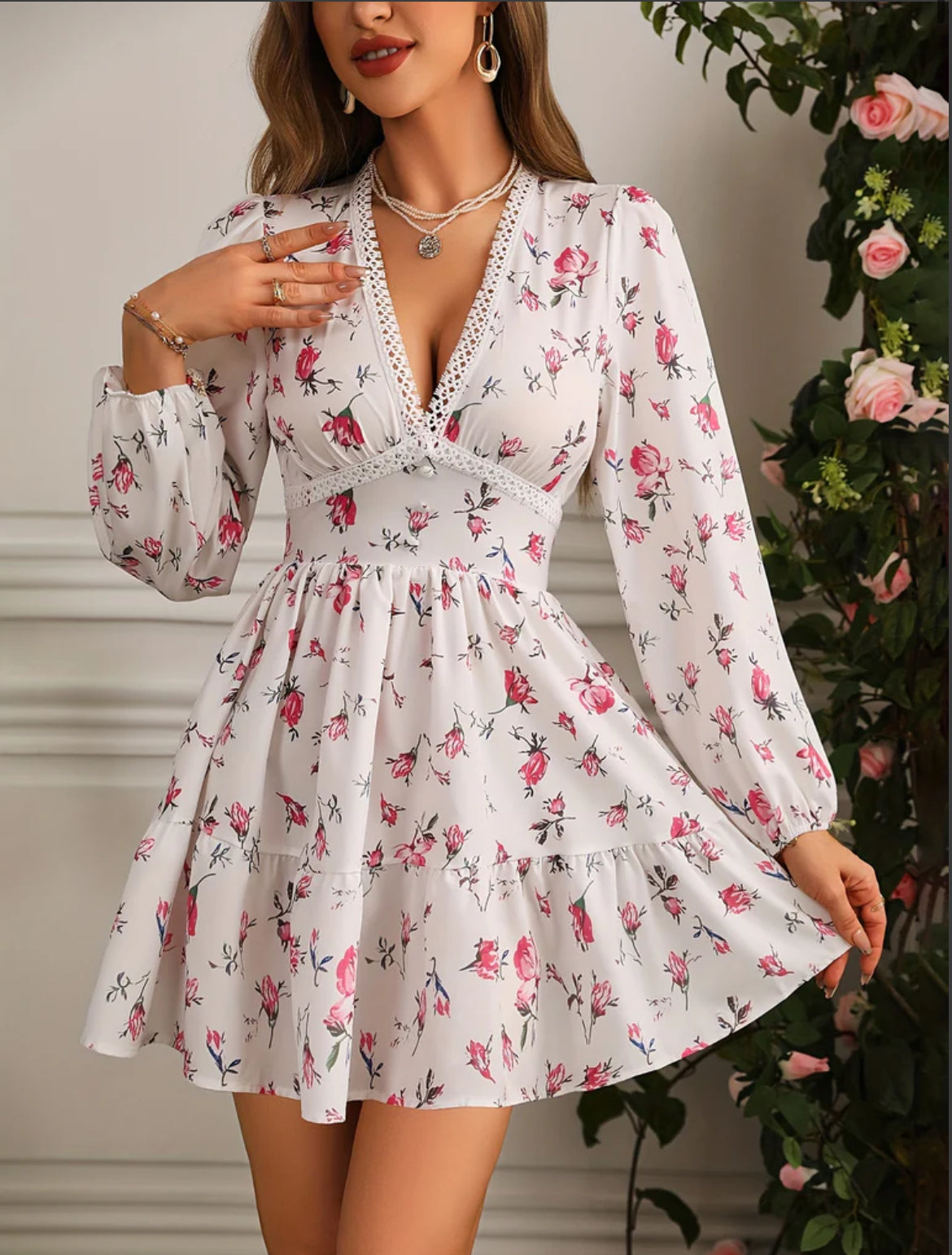 Image of Carolyn | Women's Long Sleeve V-Neck A-Line Mini Dress