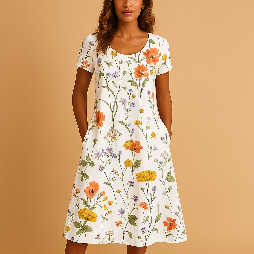 Casual floral midi dress for women with comfortable fit and refined details, ideal for work, dinners, and everyday wear.