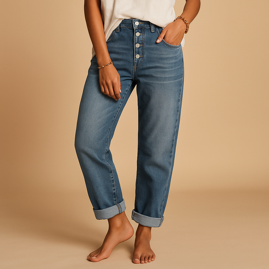 Women’s casual high waisted loose fit jeans in classic denim blue with a relaxed silhouette, perfect for everyday outfits and modern casual style.