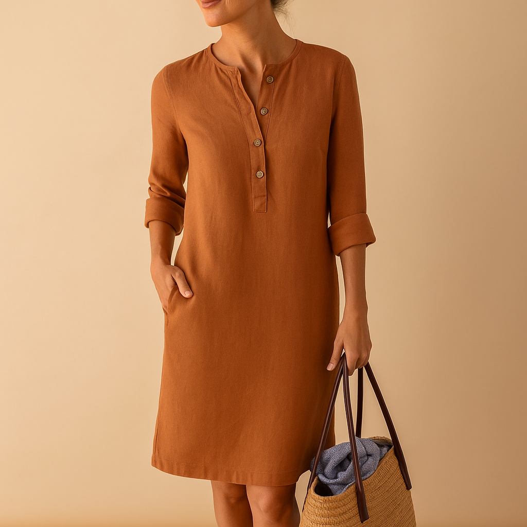 Women’s casual long button dress with rolled sleeves and side pockets in beige, olive green, and black, perfect for daily wear and relaxed outings.