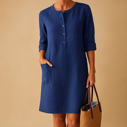 Women’s casual long button front dress with rolled sleeves and side pockets in beige, olive green or black, ideal for everyday wear and weekends.