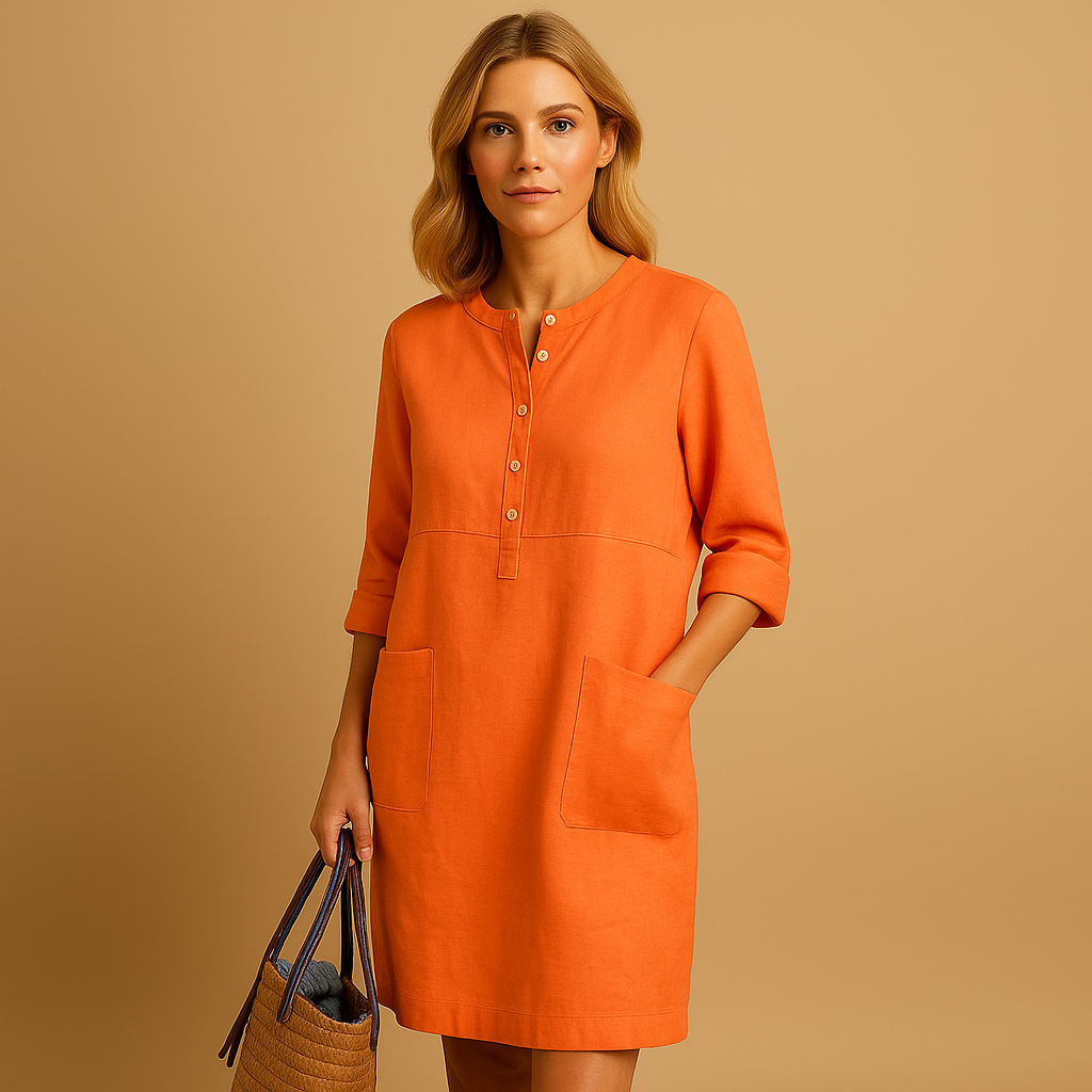 Women’s casual long button front dress with rolled sleeves and side pockets in beige, olive green or black, ideal for everyday wear and weekends.