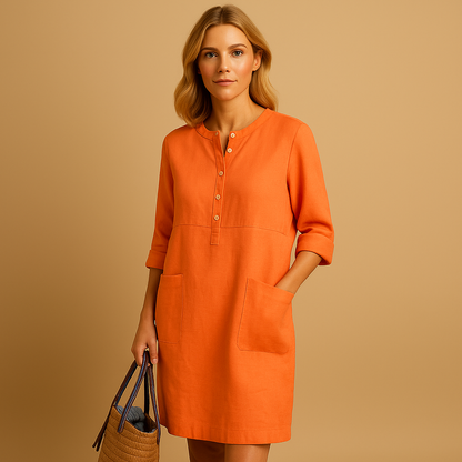 Women’s casual long button front dress with rolled sleeves and side pockets in beige, olive green or black, ideal for everyday wear and weekends.
