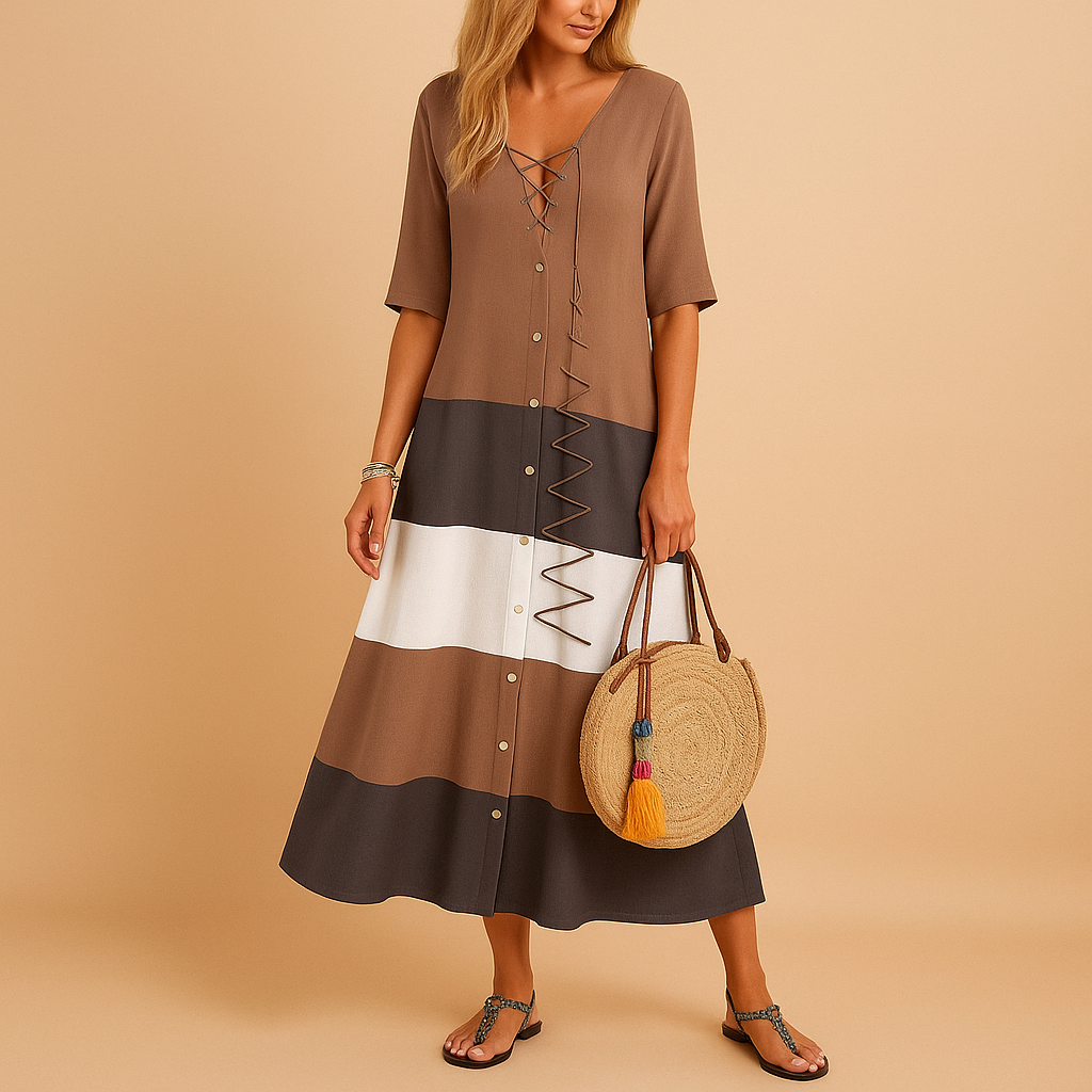 Casual midi dress for women with button front, loose fit, and mid-length sleeves featuring color contrast and zig-zag stitching for everyday style.