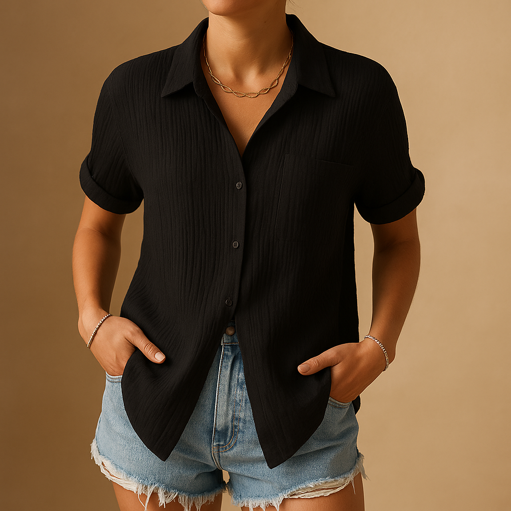 Women’s casual short-sleeve polo with a light flattering fit, classic collar, and chest pocket, ideal for summer outings and everyday wear.