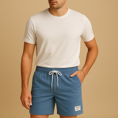 Men’s casual structured summer shorts with elastic waistband and drawstring, perfect for beach days, lounging, and warm weather outfits.