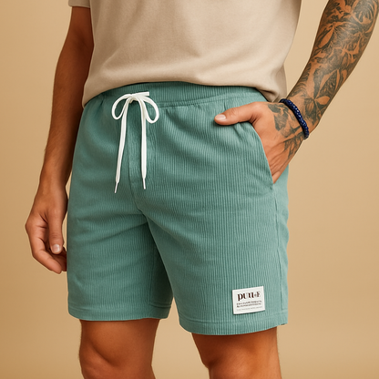 Men’s casual structured summer shorts with elastic waistband and drawstring, perfect for beach days, lounging, and warm weather outfits.