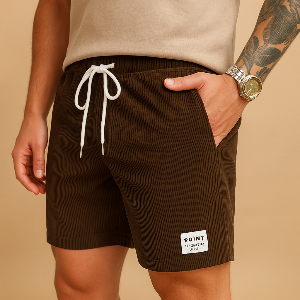 Men’s casual structured summer shorts with elastic waistband and drawstring, perfect for beach days, lounging, and warm weather outfits.