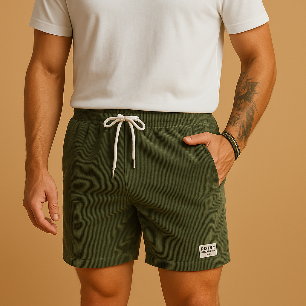 Men’s casual structured summer shorts with elastic waistband and drawstring, perfect for beach days, lounging, and warm weather outfits.