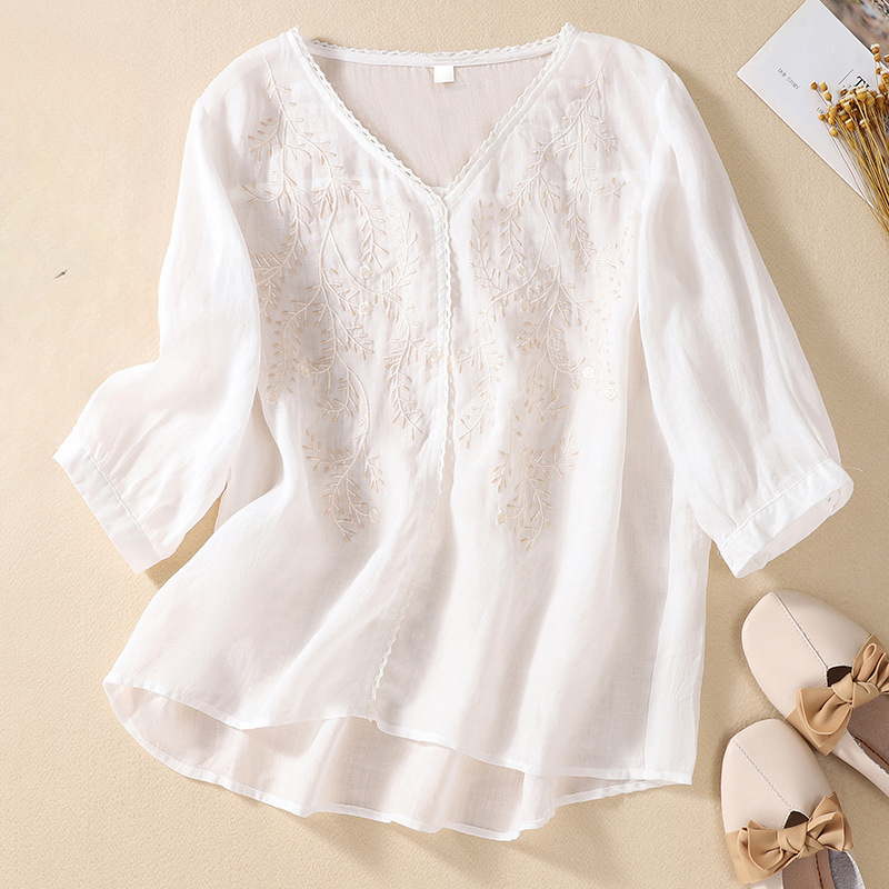 Women's V-Neck Linen Blouse - Vonnera