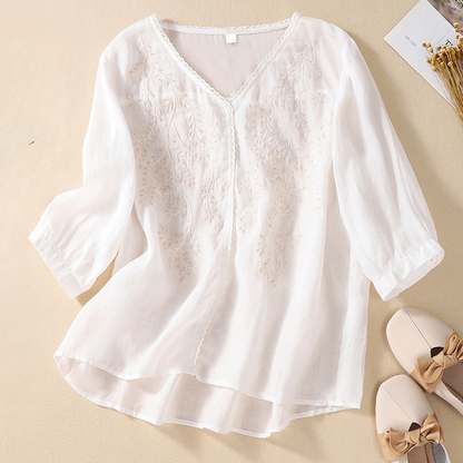 Women's V-Neck Linen Blouse - Vonnera