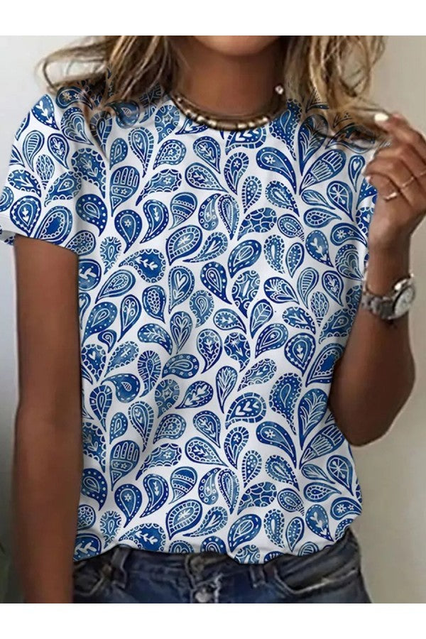 Women's Blue Graphic T-Shirt Short Sleeves Round Neck