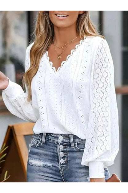 Women's V-Neck Blouse Lace Trim Long Sleeves