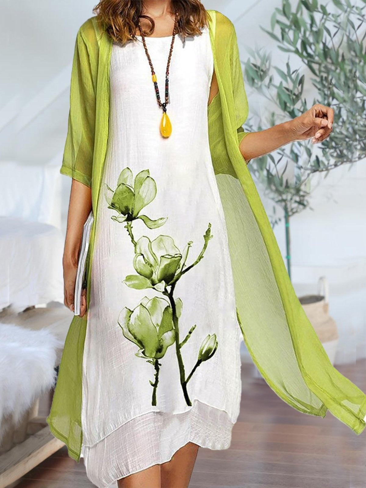 Women's Floral Print Dress Set Sheer Cardigan - Vonnera