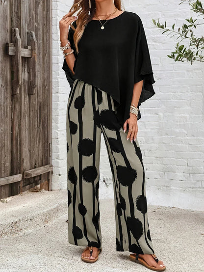 Women's Batwing And Wide Leg Pants Set Printed