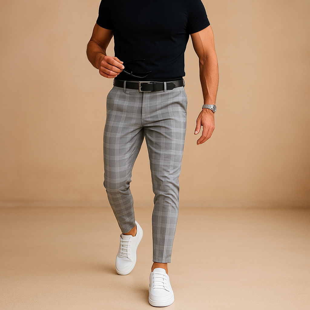 Men’s checked casual pants with relaxed fit and modern pattern, perfect for work, casual outings, and everyday wear.