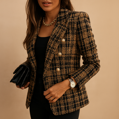 Women’s checked double-breasted blazer with a classic plaid pattern and comfortable fit, ideal for work, meetings, or chic casual outfits.