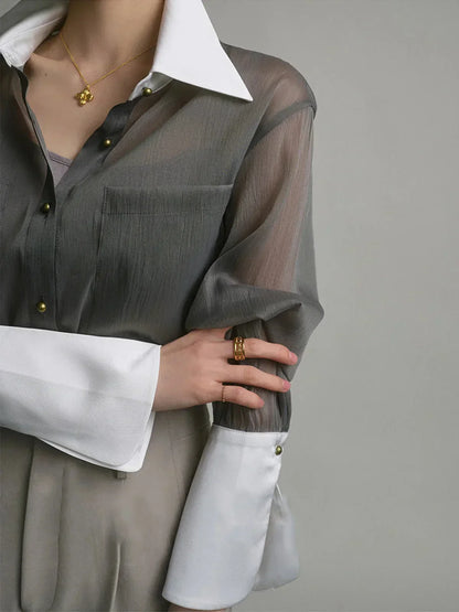 Women's Long Sleeve Sheer Blouse Contrasting Trim